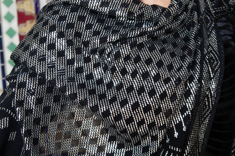 Modern Black and Silver Assuit Shawl With Mixed Motif Design