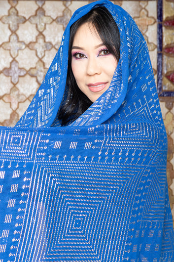 Modern Blue and Silver Assuit Shawl With Mixed Diamonds Design