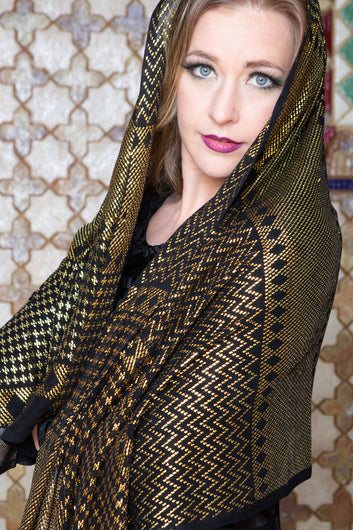 Modern Black and Gold Assuit Shawl With Mixed Diamonds Design